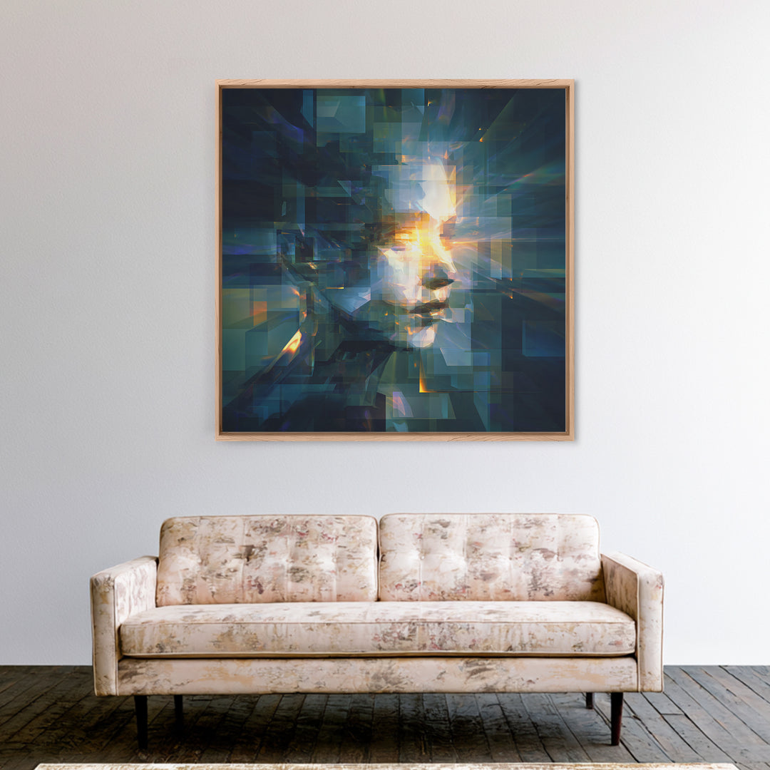 Abstract Ai Face Formed from Light Fragments Canvas Print, Futuristic Art, Printable Wall Art, Living Room Decor, Future, FUT-1x1-98
