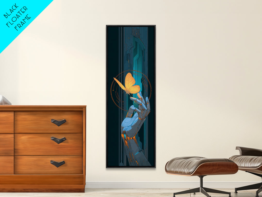 Robotic Hand Holding a Delicate Butterfly Framed Canvas Print, Futuristic Art, Colorful Wall Art, Living Room Decor, Future, FUT-1x3-20