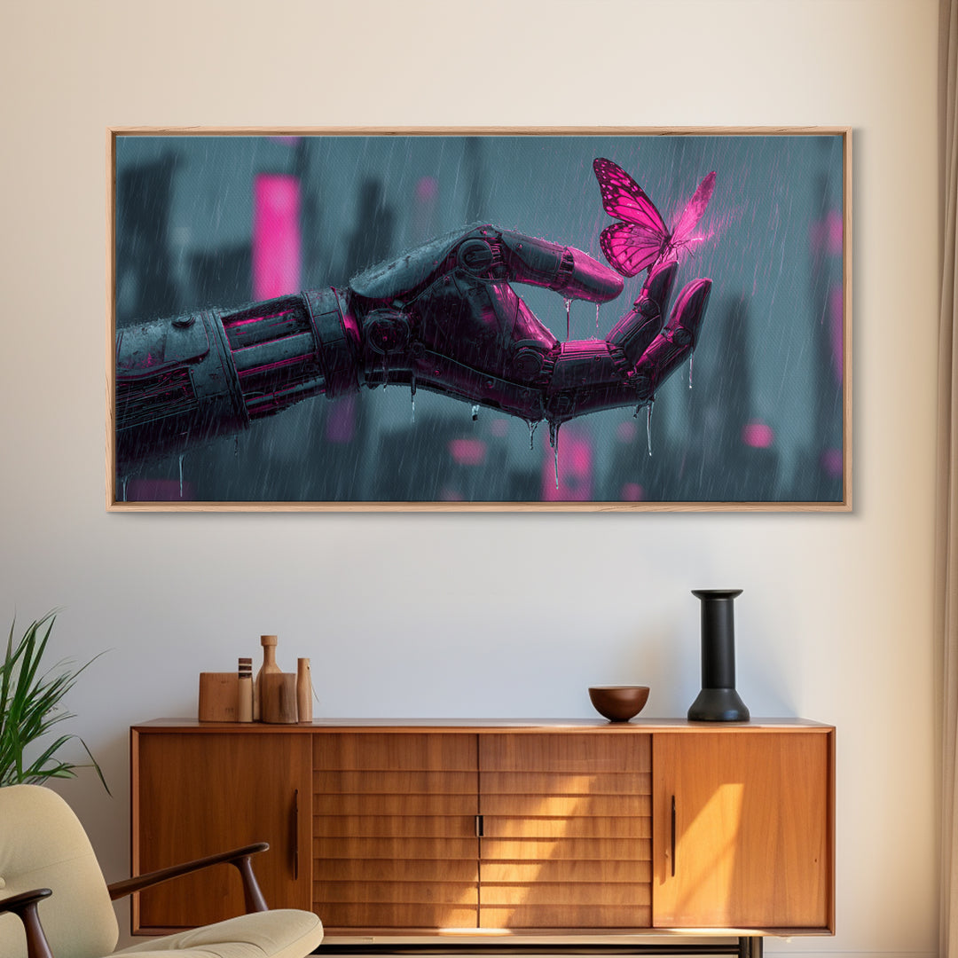 Robotic Hand Holding a Delicate Butterfly Framed Canvas Print, Futuristic Art, Unique Home Decor, Living Room Decor, Future, FUT-2x1-100