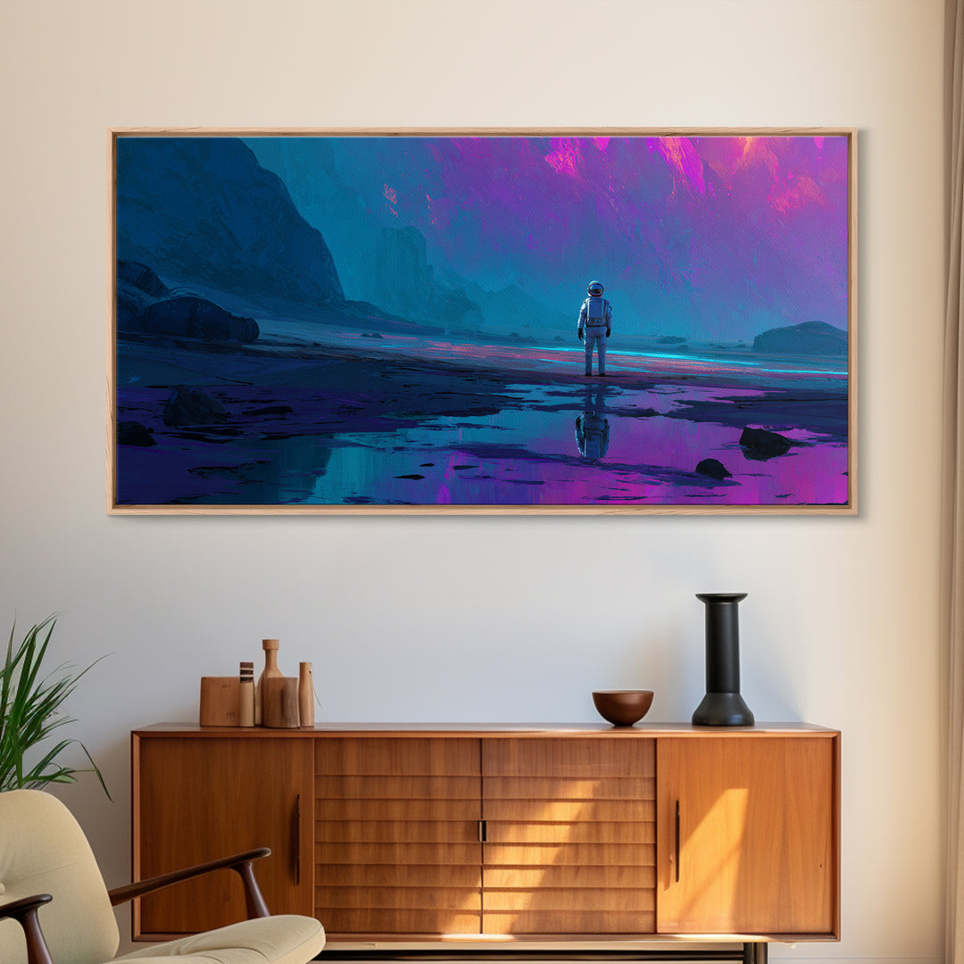 Silver Astronaut Walking Through Neon Desert Canvas Print, Futuristic Art, Steampunk Decor, Living Room Decor, Future, FUT-2x1-25