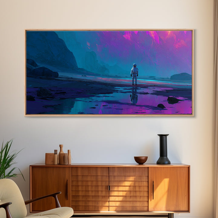 Silver Astronaut Walking Through Neon Desert Canvas Print, Futuristic Art, Steampunk Decor, Living Room Decor, Future, FUT-2x1-25