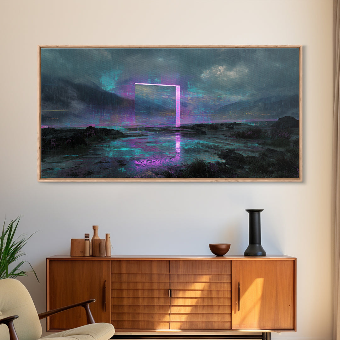 Glowing Geometric Portal Framed Canvas Print, Futuristic Art, Canvas Wall Art, Living Room Decor, Future, Steampunk Decor, FUT-2x1-34
