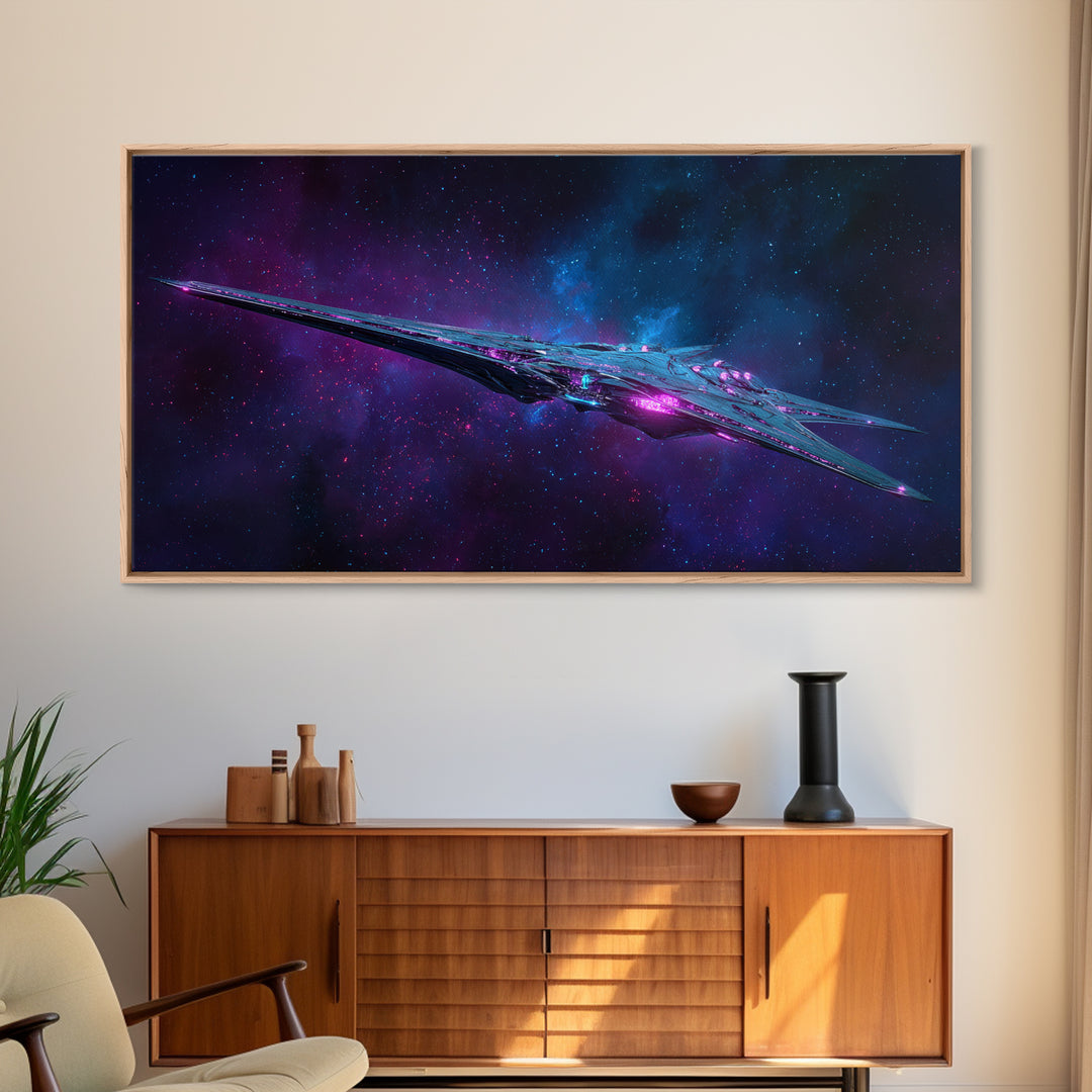 Solar Sail Ship Crossing Star Filled Space Framed Canvas Print, Futuristic Art, Landscape Art, Living Room Decor, Future, FUT-2x1-37