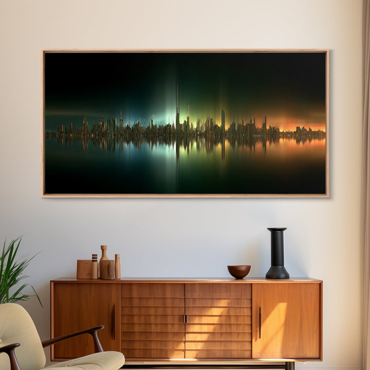 Sleek Chrome City Skyline Framed Canvas Print, Futuristic Art, Contemporary Art, Living Room Decor, Fine Art, Future, FUT-2x1-45