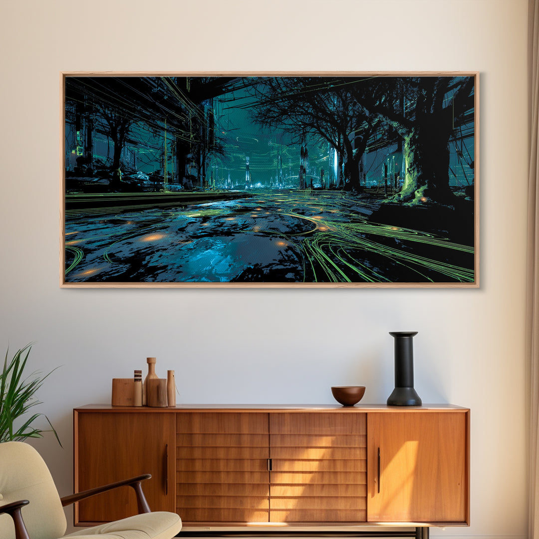 Bioluminescent Garden in a Future Habitat Canvas Print, Futuristic Art, Living Room Decor, Watercolor Art, Future, FUT-2x1-48