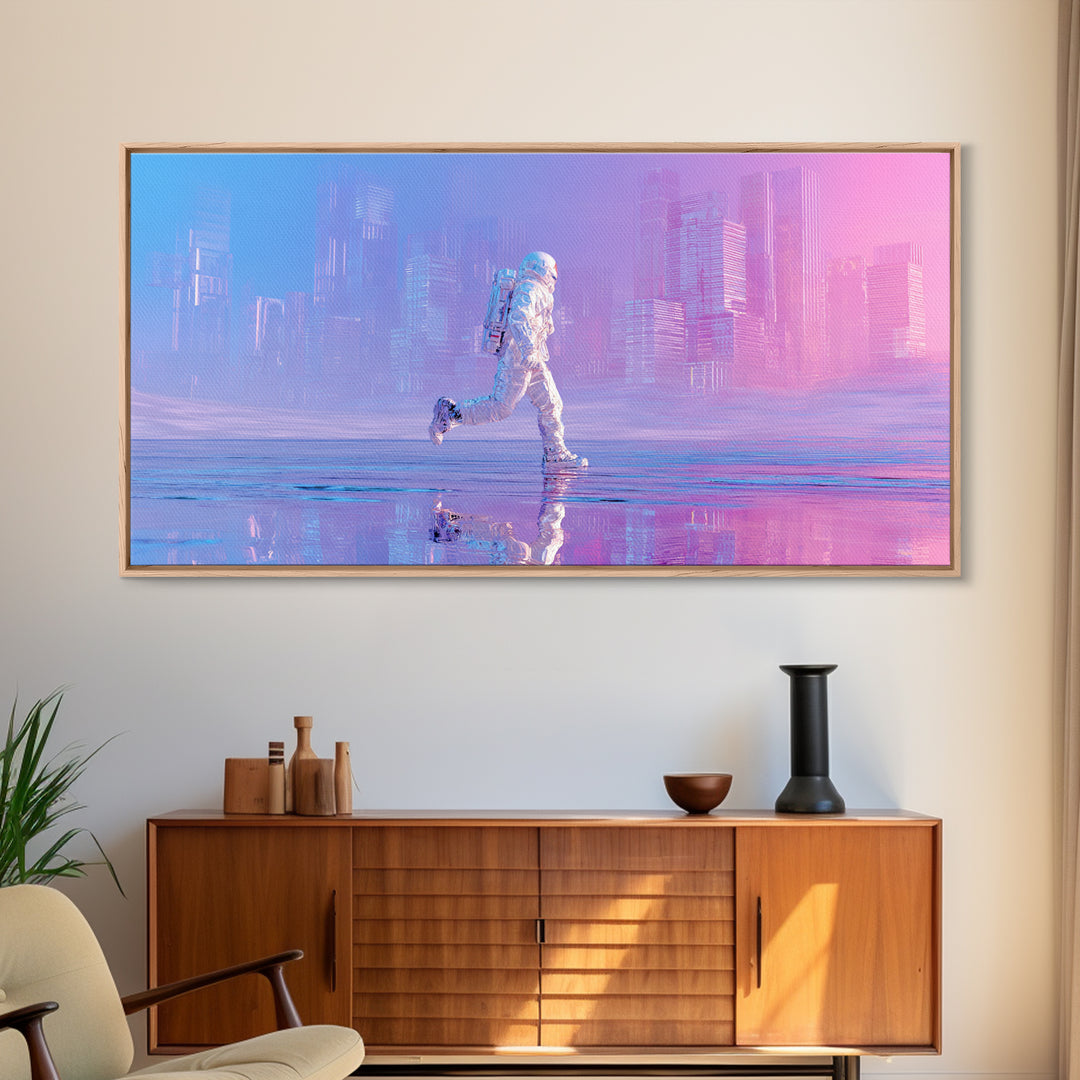 Silver Astronaut Walking Through Neon Desert Canvas Print, Futuristic Art, Victorian Decor, Living Room Decor, Fine Art, Future, FUT-2x1-49