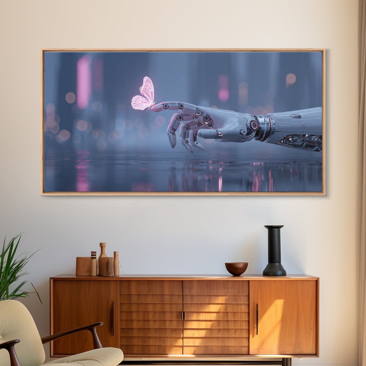 Robotic Hand Holding a Delicate Butterfly Canvas Print, Futuristic Art, Mid Century Modern, Living Room Decor, Fine Art, Future, FUT-2x1-52