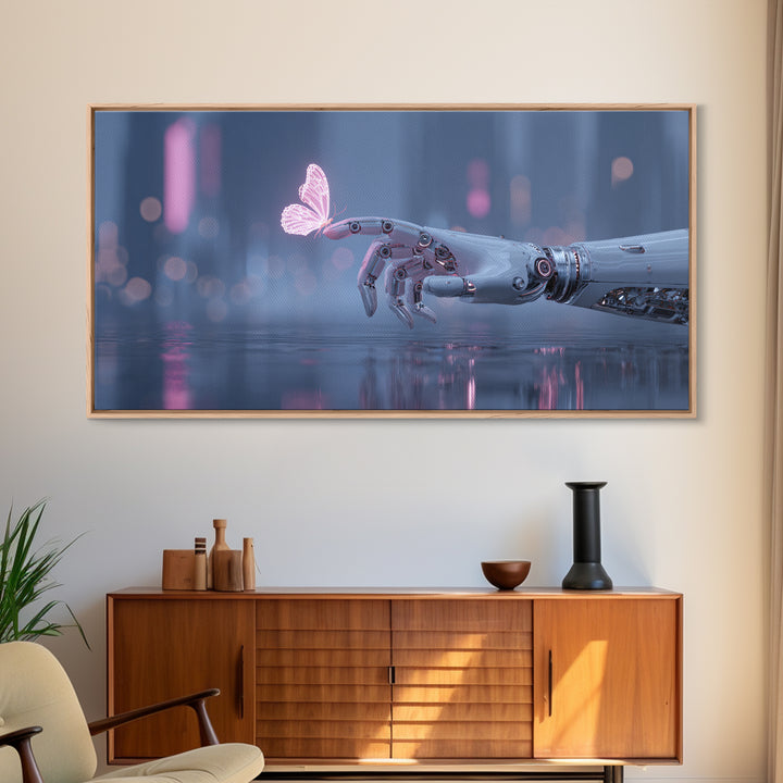 Robotic Hand Holding a Delicate Butterfly Canvas Print, Futuristic Art, Mid Century Modern, Living Room Decor, Fine Art, Future, FUT-2x1-52