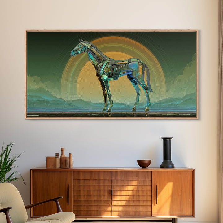 Cybernetic Horse in a Luminous Field Canvas Print, Futuristic Art, Digital Poster, Living Room Decor, Fine Art, Future, FUT-2x1-57