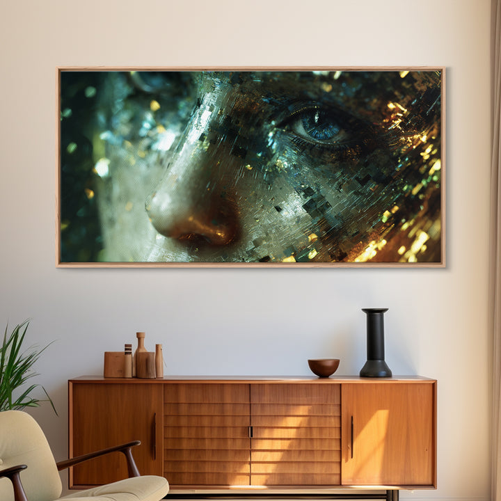 Abstract Ai Face Formed from Light Fragments Canvas Print, Futuristic Art, Extra Large Wall Art, Living Room Decor, Future, FUT-2x1-70