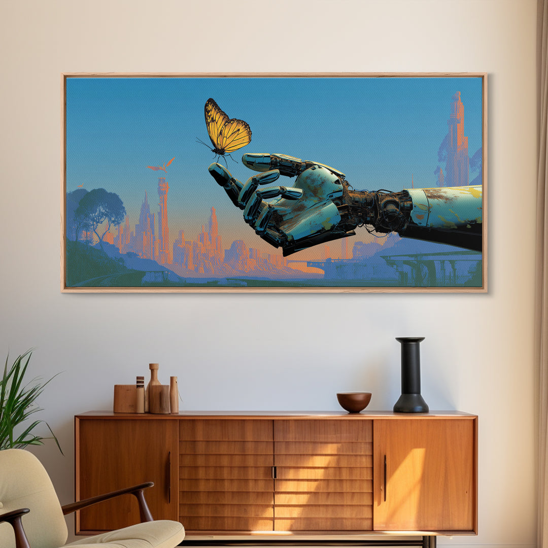 Robotic Hand Holding a Delicate Butterfly Canvas Print, Futuristic Art, Landscape Art, Living Room Decor, Fine Art, Future, FUT-2x1-76