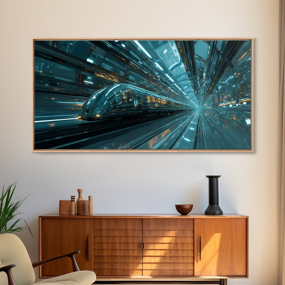 Transparent Train Speeding Through Light Tunnels Canvas Print, Futuristic Art, Fine Art Print, Living Room Decor, Future, FUT-2x1-79