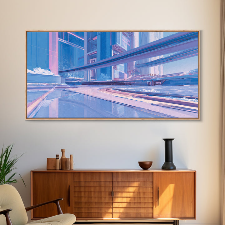 White and Blue Utopian Megastructure Framed Canvas Print, Futuristic Art, Colorful Wall Art, Living Room Decor, Future, FUT-2x1-80