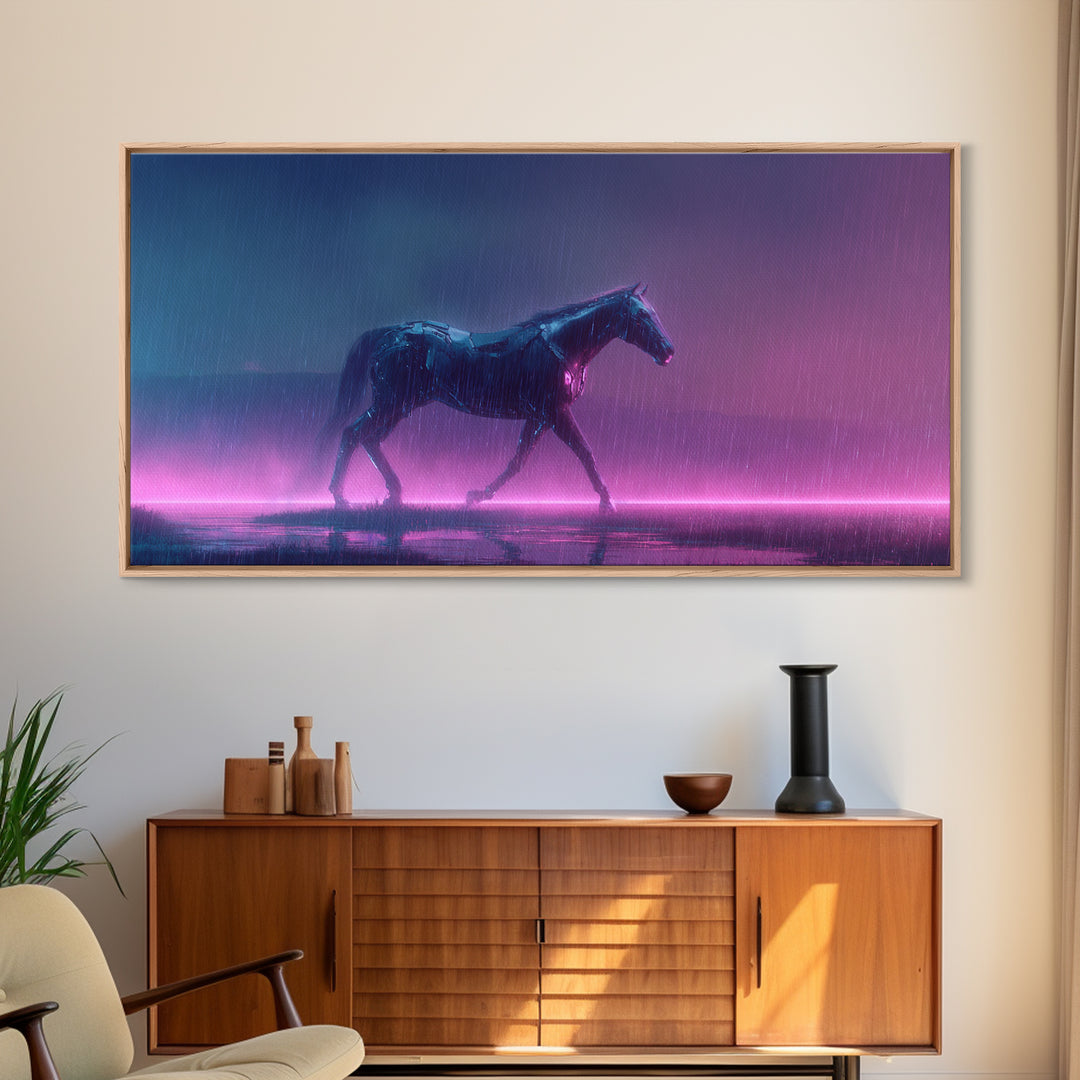 Cybernetic Horse in a Luminous Field Framed Canvas Print, Futuristic Art, Eclectic Home Decor, Living Room Decor, FUT-2x1-81