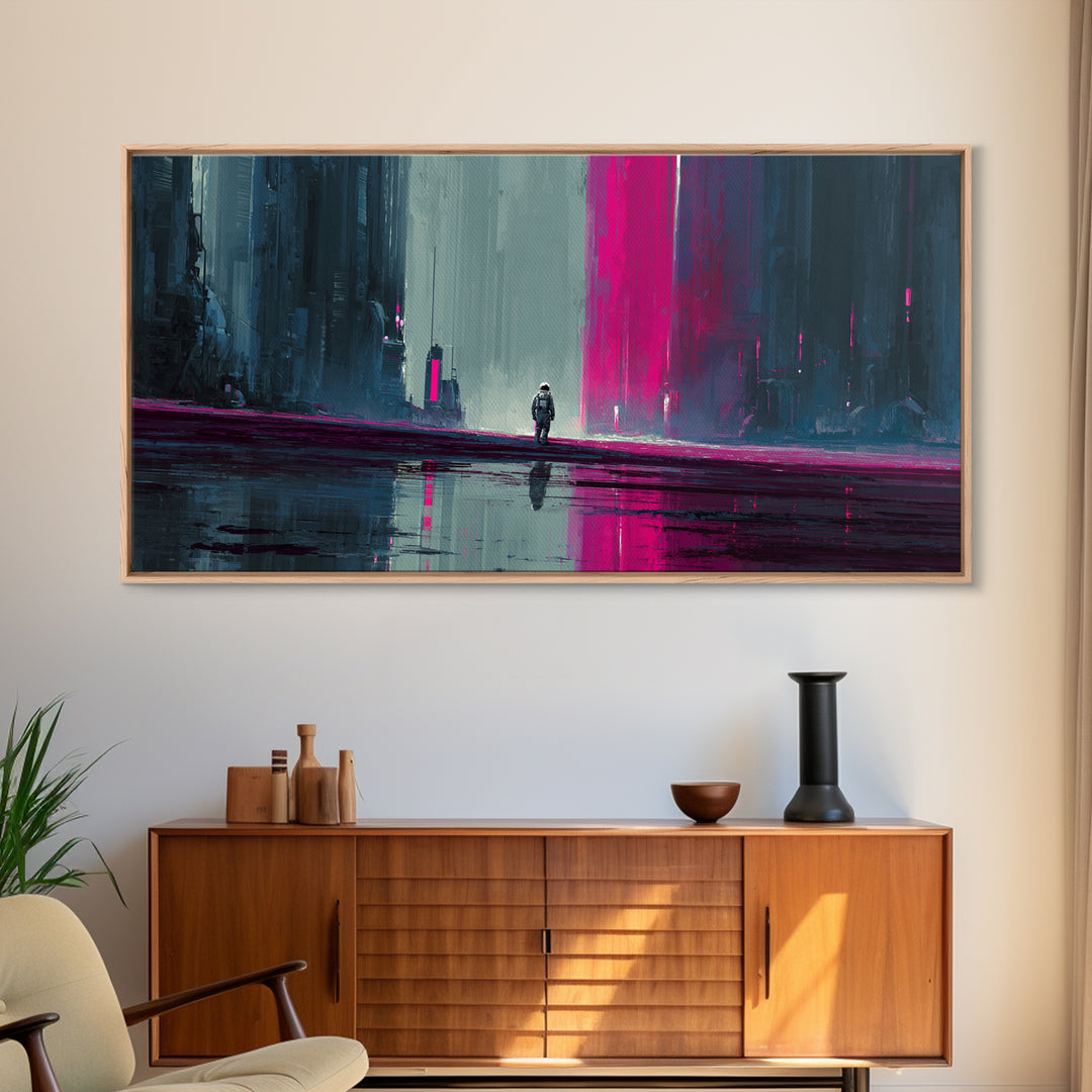 Silver Astronaut Walking Through Neon Desert Framed Canvas Print, Futuristic Art, Modern Decor, Living Room Decor, Future, FUT-2x1-97