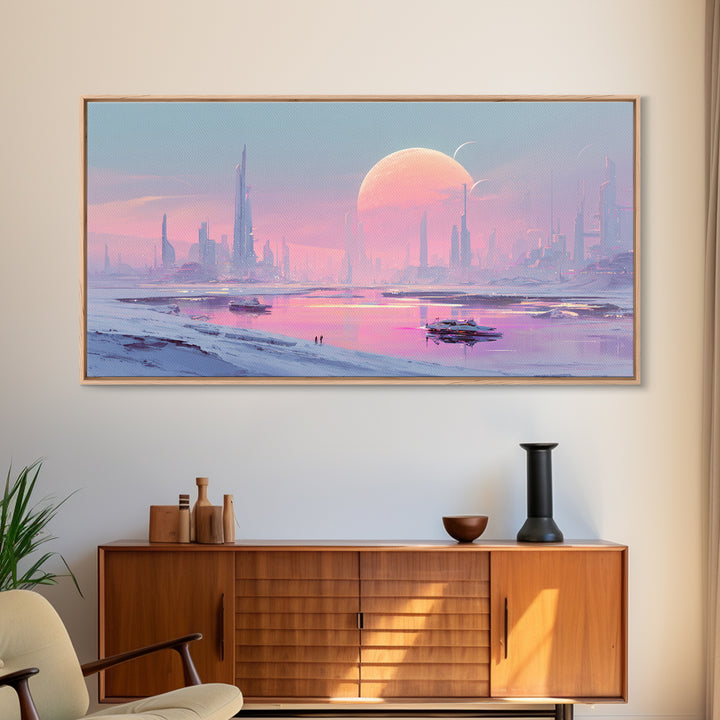Minimal Spacecraft over a Clean Planet Horizon Canvas Print, Futuristic Art, Contemporary Art, Living Room Decor, Future, FUT-2x1-99