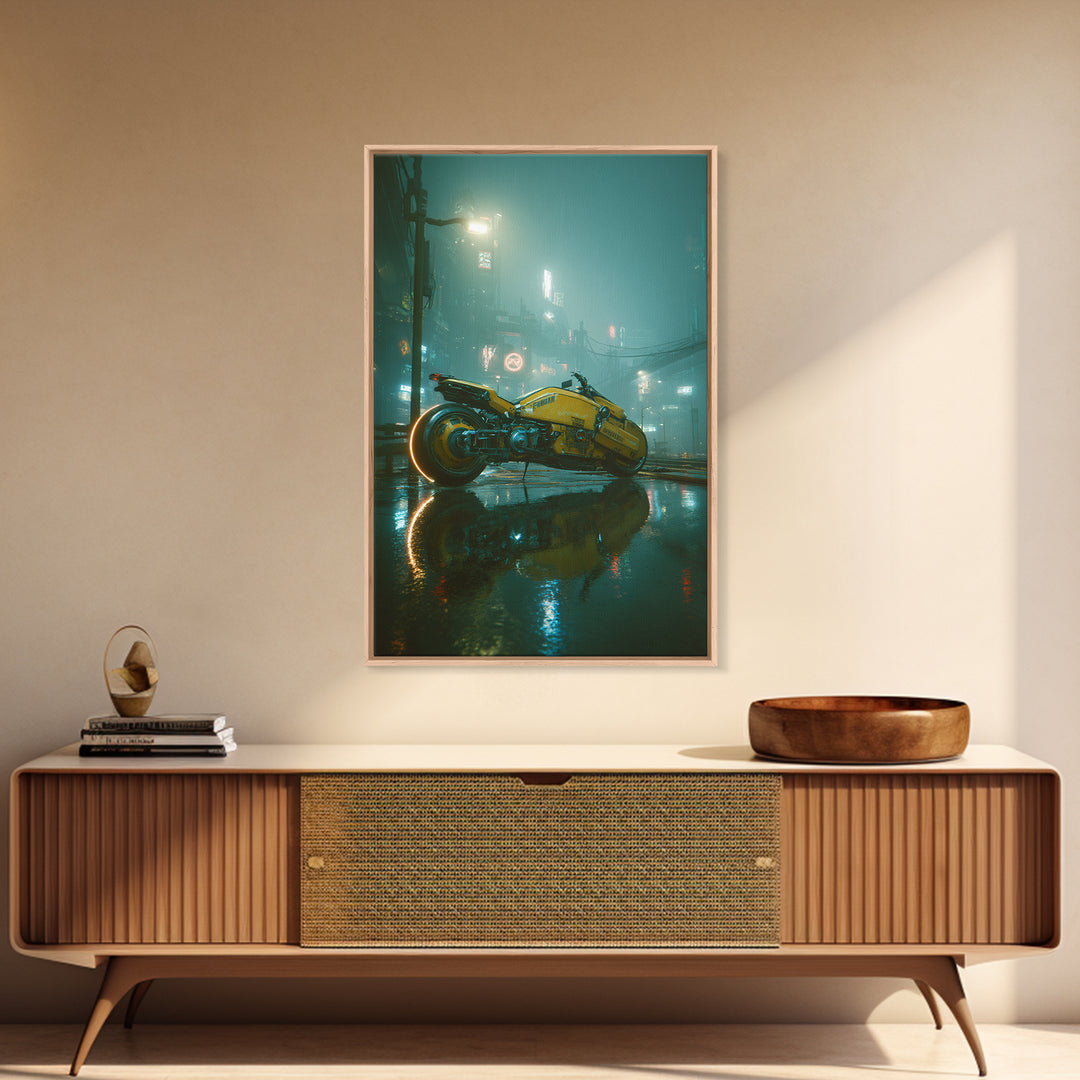 High Speed Hover Bike Trail of Light Framed Canvas Print, Futuristic Art, Modern Art, Living Room Decor, Fine Art, Future, FUT-2x3-4