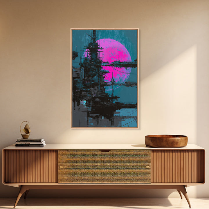 Moon Colony Silhouette Framed Canvas Print, Futuristic Art, Modern Wall Decor, Living Room Decor, Oil Painting, Future, FUT-2x3-53