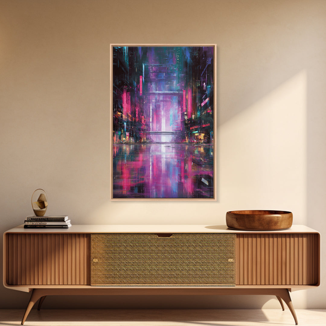 Digital Aurora Above a Clean White City Framed Canvas Print, Futuristic Art, Modern Art, Living Room Decor, Abstract Art, FUT-2x3-56