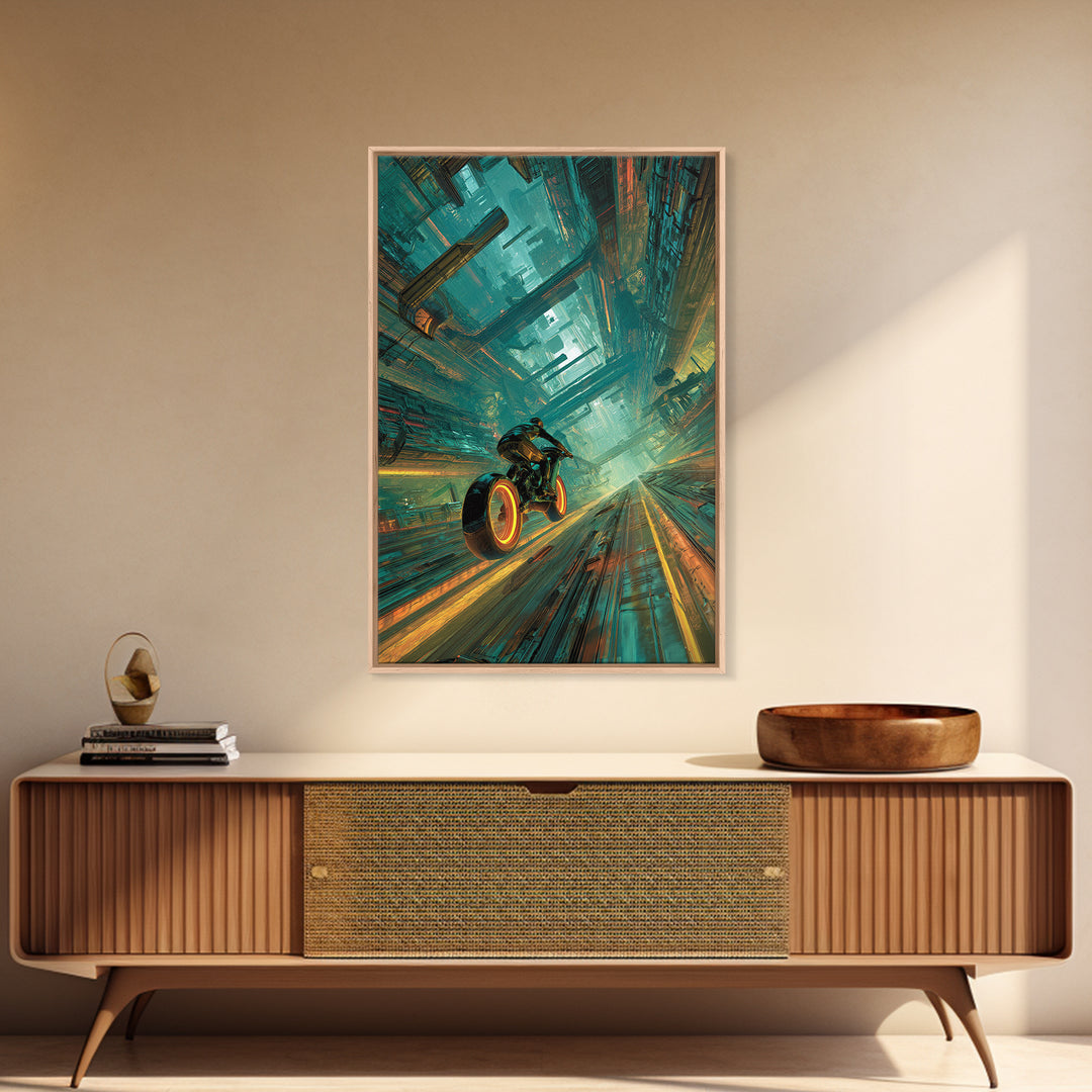 High Speed Hover Bike Trail of Light Framed Canvas Print, Futuristic Art, Room Decor, Living Room Decor, Fine Art, Future, FUT-2x3-76