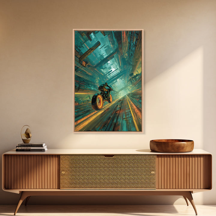 High Speed Hover Bike Trail of Light Framed Canvas Print, Futuristic Art, Room Decor, Living Room Decor, Fine Art, Future, FUT-2x3-76