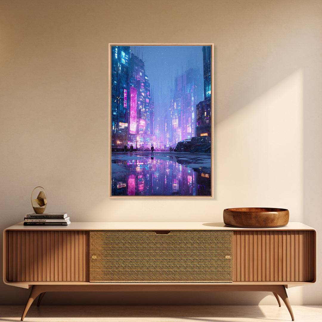 Digital Aurora Above a Clean White City Framed Canvas Print, Futuristic Art, Digital Art, Living Room Decor, Oil Painting, FUT-2x3-8