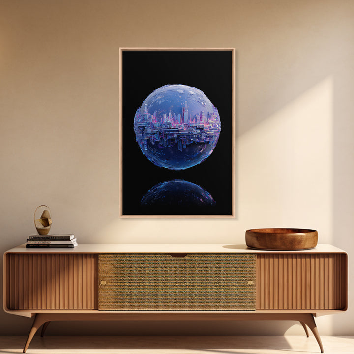 Orbital City Ring Around a Blue Planet Framed Canvas Print, Futuristic Art, Unique Home Decor, Living Room Decor, Future, FUT-2x3-90