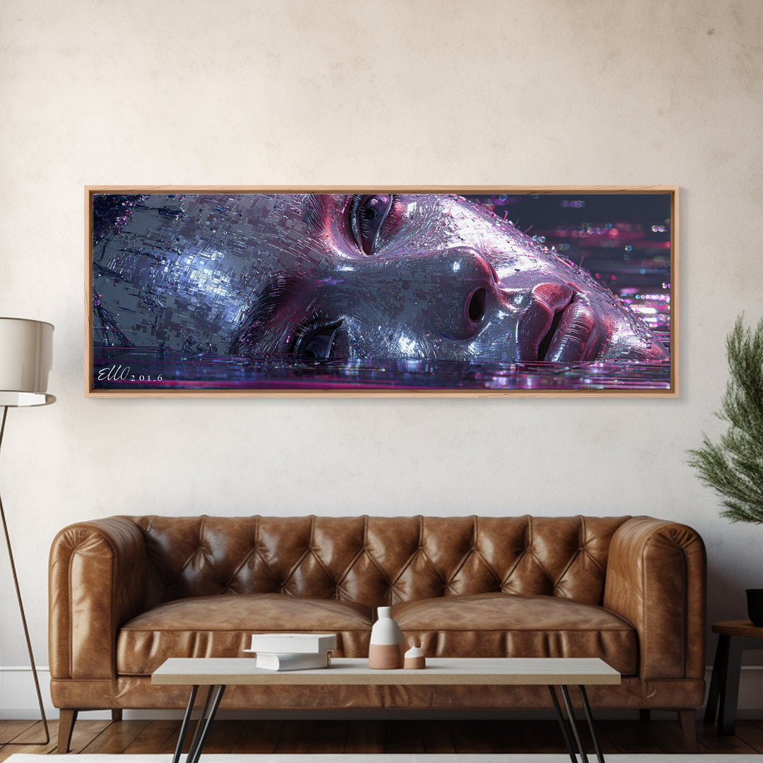 Abstract Ai Face Formed from Light Fragments Framed Canvas Print, Futuristic Art, Digital Poster, Living Room Decor, Future, FUT-3x1-18