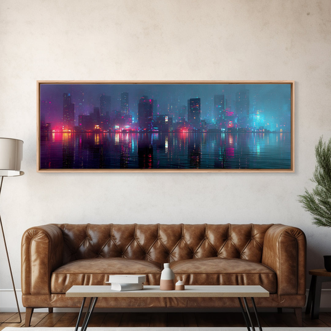 Floating Glass Architecture Above Reflective Water Canvas Print, Futuristic Art, Living Room Decor, Watercolor Art, Future, FUT-3x1-19