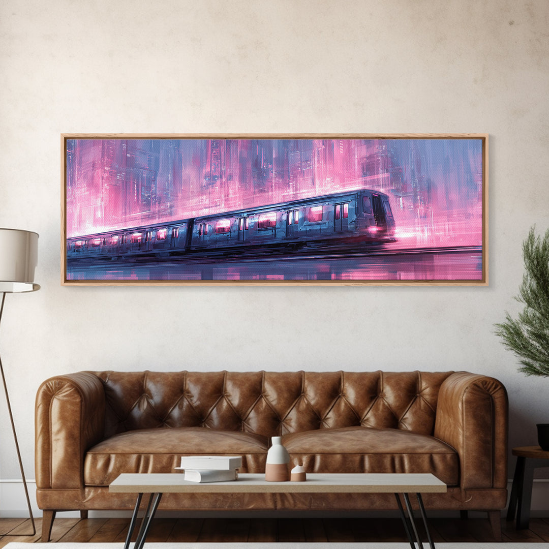 Transparent Train Speeding Through Light Tunnels Framed Canvas Print, Futuristic Art, Art Print, Living Room Decor, Future, FUT-3x1-27