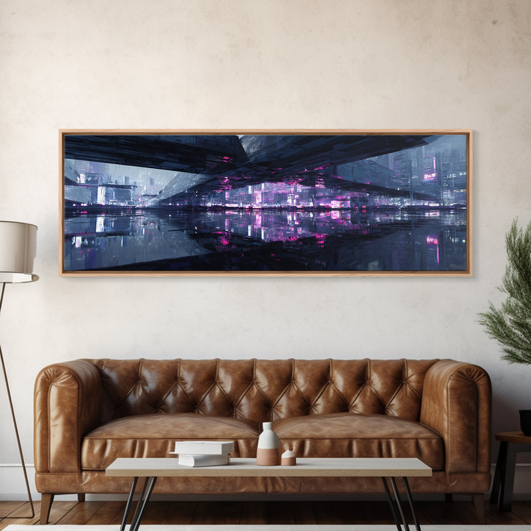 Floating Glass Architecture Above Reflective Water Canvas Print, Futuristic Art, Unique Wall Art, Living Room Decor, Future, FUT-3x1-43