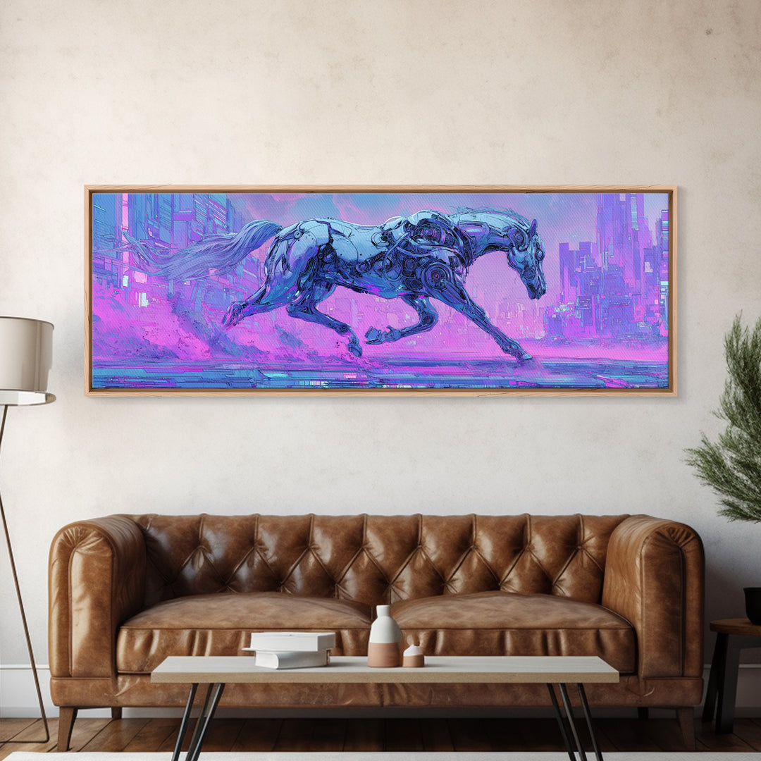 Cybernetic Horse in a Luminous Field Framed Canvas Print, Futuristic Art, Eclectic Home Decor, Living Room Decor, FUT-3x1-5