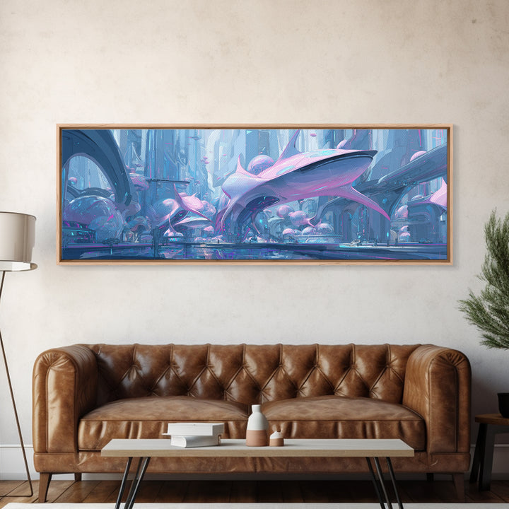 Future Ocean Lab Framed Canvas Print, Futuristic Art, Ai Art, Living Room Decor, Oil Painting, Future, Digital Poster, FUT-3x1-55