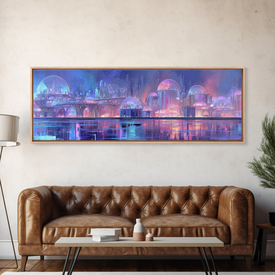 Futuristic Botanical Greenhouse Framed Canvas Print, Futuristic Art, Victorian Decor, Living Room Decor, Oil Painting, Future, FUT-3x1-58