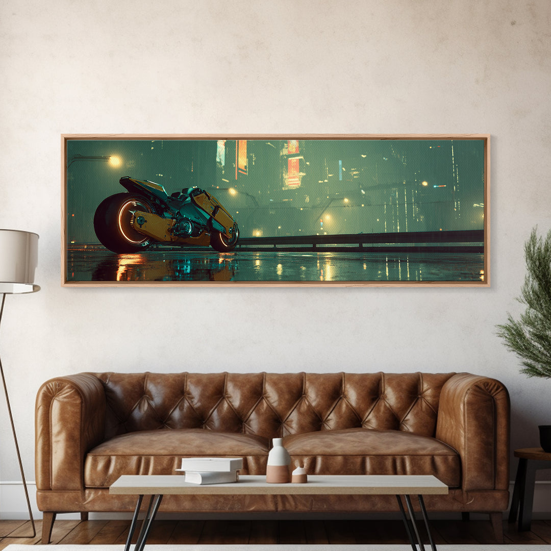 High Speed Hover Bike Trail of Light Framed Canvas Print, Futuristic Art, Textured Painting, Living Room Decor, Future, FUT-3x1-60