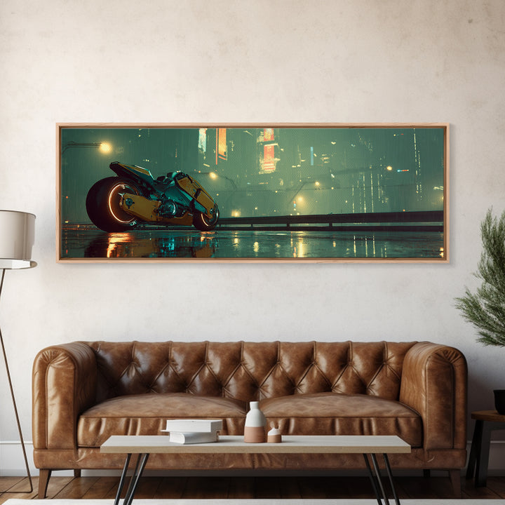 High Speed Hover Bike Trail of Light Framed Canvas Print, Futuristic Art, Textured Painting, Living Room Decor, Future, FUT-3x1-60