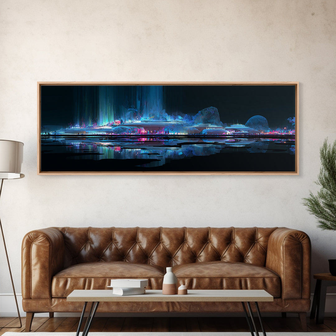 Bioluminescent Garden in a Future Habitat Framed Canvas Print, Futuristic Art, Digital Art, Living Room Decor, Fine Art, Future, FUT-3x1-68