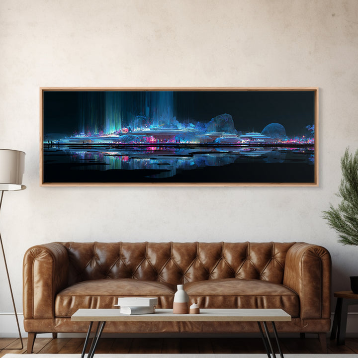 Bioluminescent Garden in a Future Habitat Framed Canvas Print, Futuristic Art, Digital Art, Living Room Decor, Fine Art, Future, FUT-3x1-68