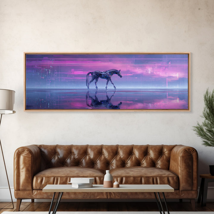 Cybernetic Horse in a Luminous Field Framed Canvas Print, Futuristic Art, Minimalist Decor, Living Room Decor, Fine Art, Future, FUT-3x1-77