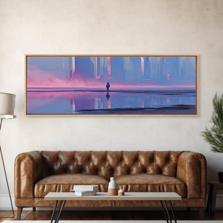 Silver Astronaut Walking Through Neon Desert Canvas Print, Futuristic Art, Canvas Wall Art, Living Room Decor, Oil Painting, FUT-3x1-93