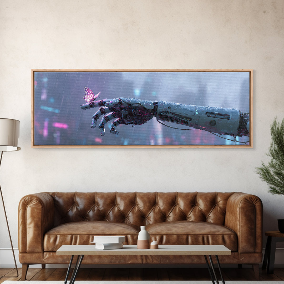Robotic Hand Holding a Delicate Butterfly Canvas Print, Futuristic Art, Unique Wall Art, Living Room Decor, Fine Art, Future, FUT-3x1-96