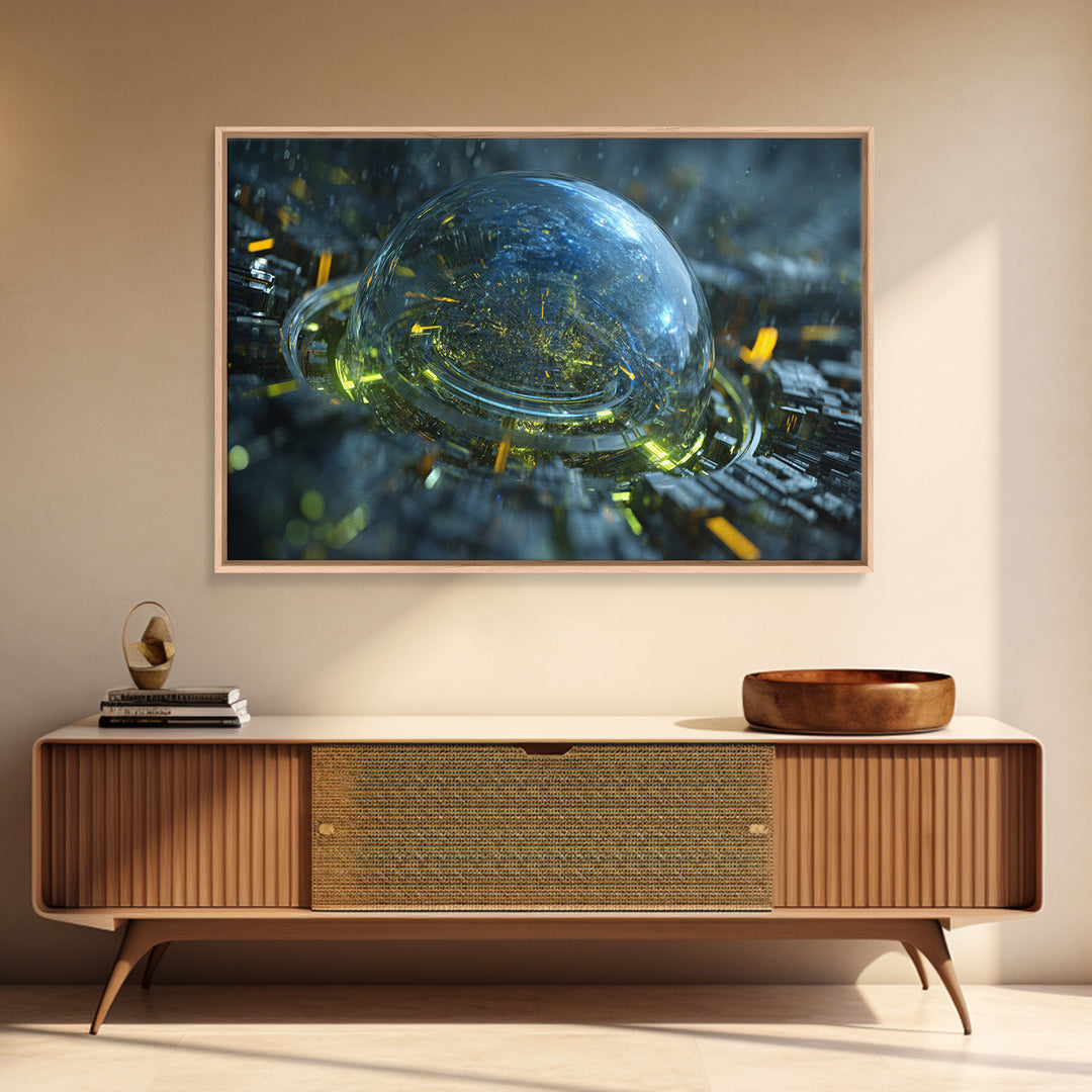 Orbital City Ring Around a Blue Planet Framed Canvas Print, Futuristic Art, Unique Home Decor, Living Room Decor, Future, FUT-3x2-14