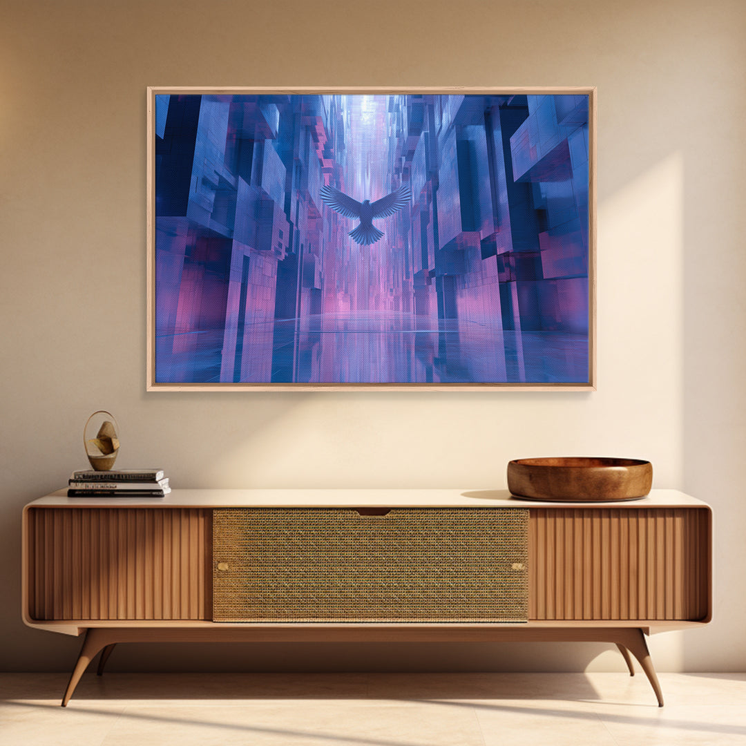Futurist Bird Made of Panels and Light Framed Canvas Print, Futuristic Art, Steampunk Decor, Living Room Decor, Future, FUT-3x2-2