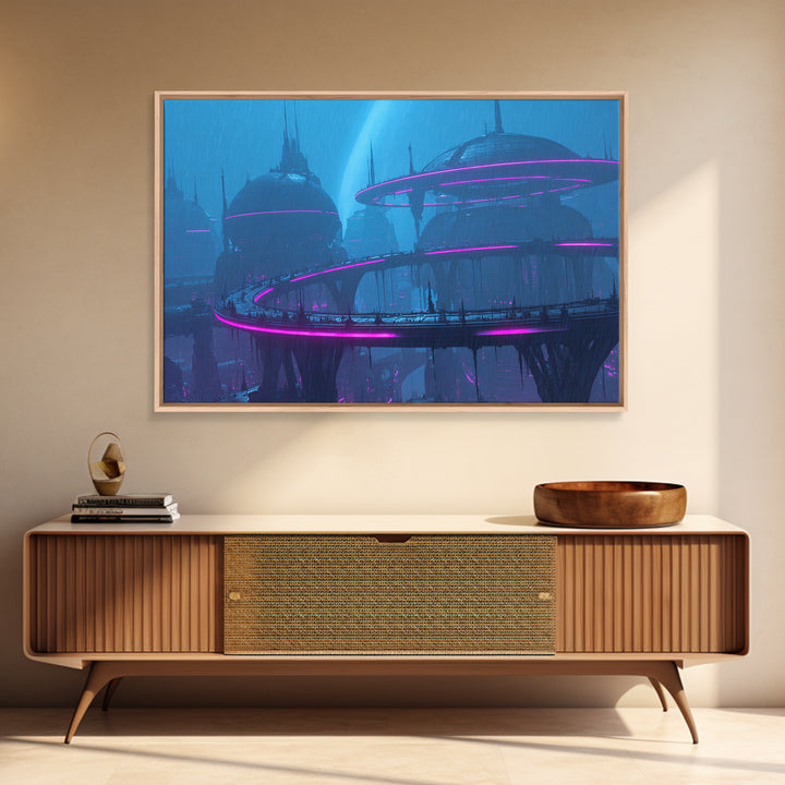 Orbital City Ring Around a Blue Planet Canvas Print, Futuristic Art, Modern Wall Decor, Living Room Decor, Fine Art, Future, FUT-3x2-38