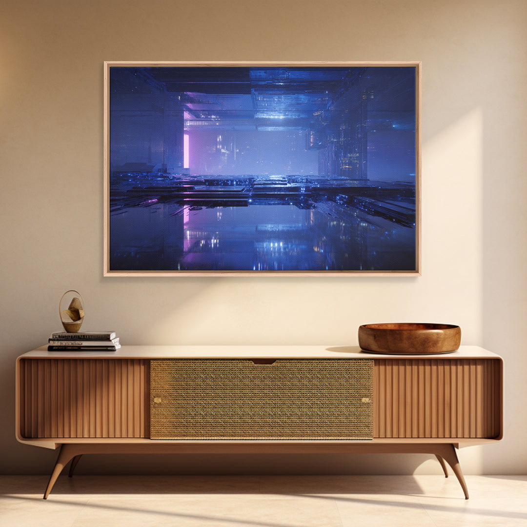 White and Blue Utopian Megastructure Framed Canvas Print, Futuristic Art, Mid Century Modern, Living Room Decor, Oil Painting, FUT-3x2-40