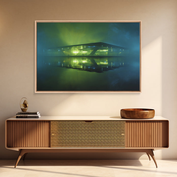 Floating Glass Architecture Above Reflective Water Canvas Print, Futuristic Art, Luxury Decor, Living Room Decor, Future, FUT-3x2-55