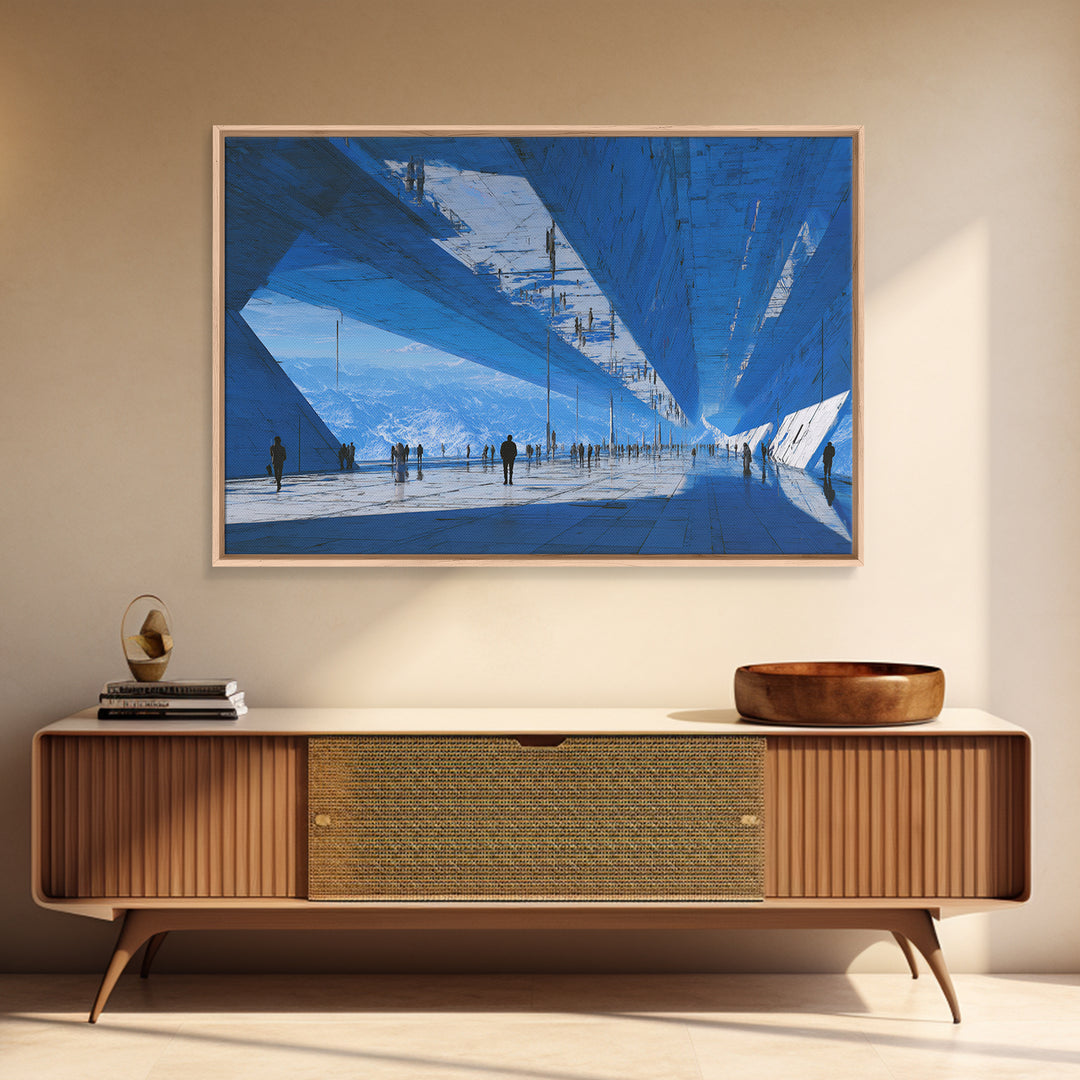 White and Blue Utopian Megastructure Framed Canvas Print, Futuristic Art, Landscape Art, Living Room Decor, Abstract Art, FUT-3x2-64