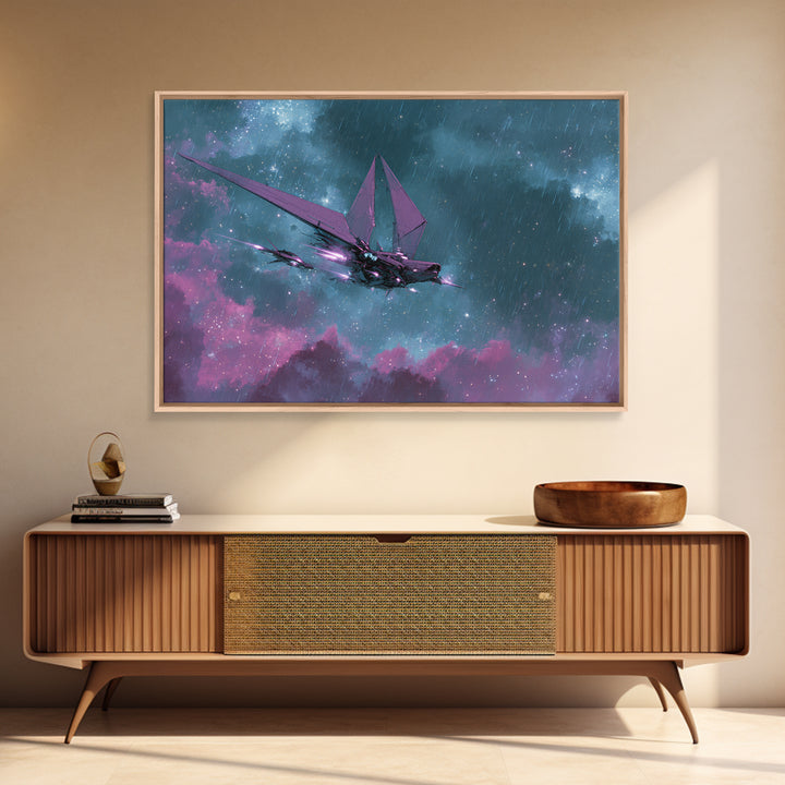 Solar Sail Ship Crossing Star Filled Space Framed Canvas Print, Futuristic Art, Digital Art, Living Room Decor, Future, FUT-3x2-69