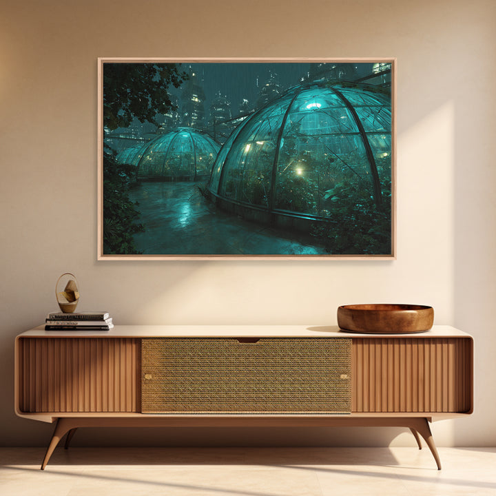 Futuristic Botanical Greenhouse Framed Canvas Print, Futuristic Art, Neutral Decor, Living Room Decor, Fine Art, Future, FUT-3x2-70