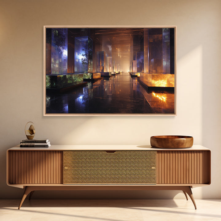 Bioluminescent Garden in a Future Habitat Framed Canvas Print, Futuristic Art, Cyberpunk Decor, Living Room Decor, Future, FUT-3x2-80